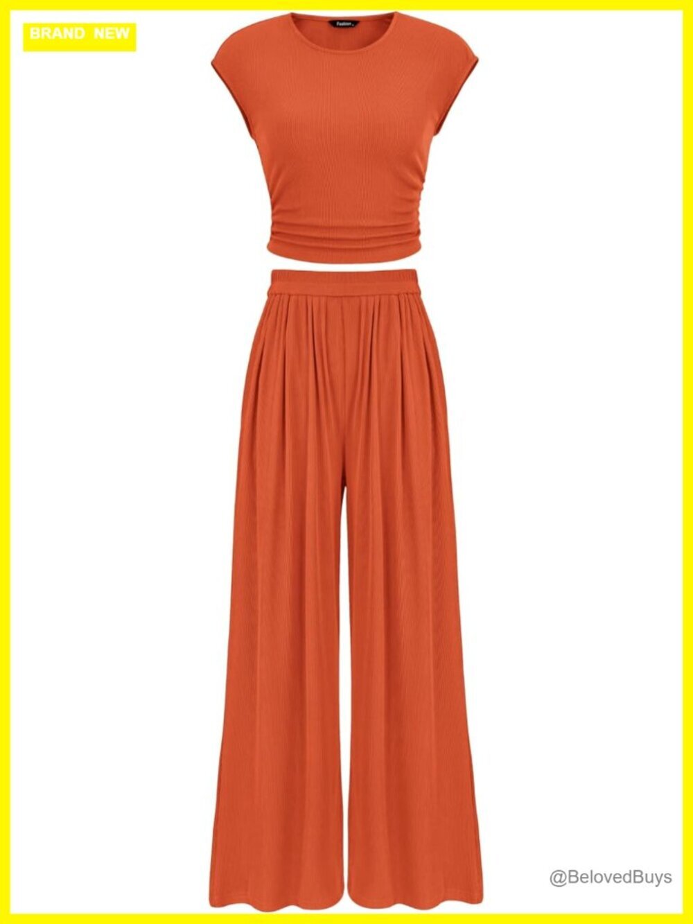 2 Piece Ribbed Knit Outfit: Cap Sleeve Crop Top & Wide Leg Pants
